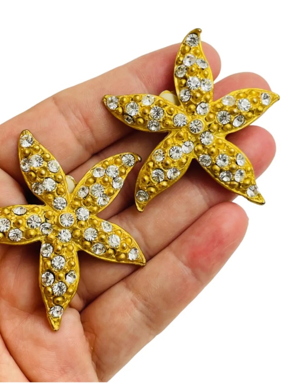 Vintage Norma Jean Gold Starfish Rhinestone Clip-On Earrings Runway Style 1980s